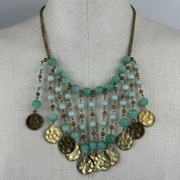 Unknown Jewelry - Vtg Multi-Strand Faux Jade Beaded Necklace 21" Brass Discs Art Deco Statement